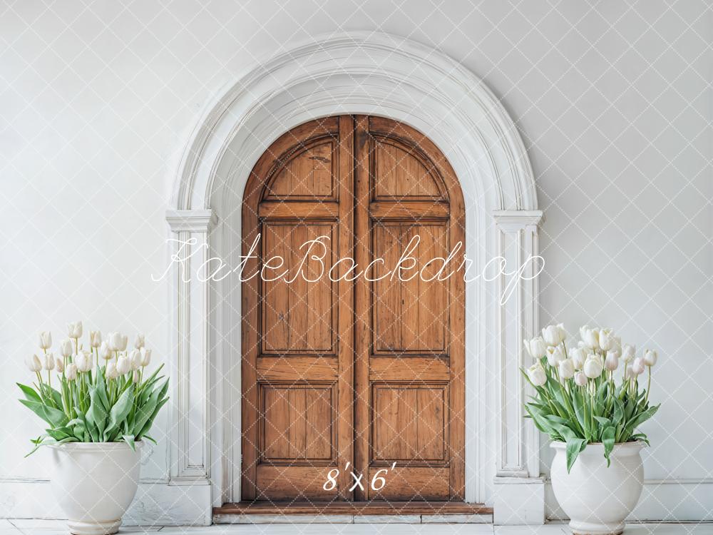 Kate Spring Wooden Arched Door Tulips Fleece Backdrop Designed by Emetselch - Image 2