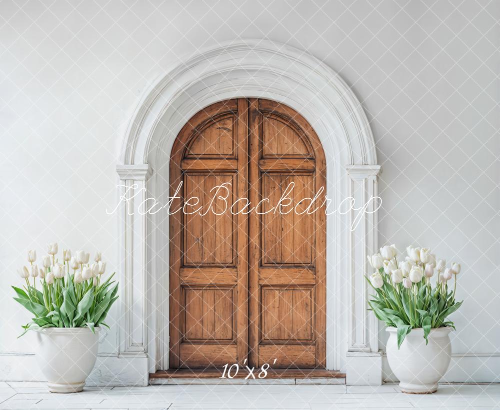 Kate Spring Wooden Arched Door Tulips Fleece Backdrop Designed by Emetselch - Image 3