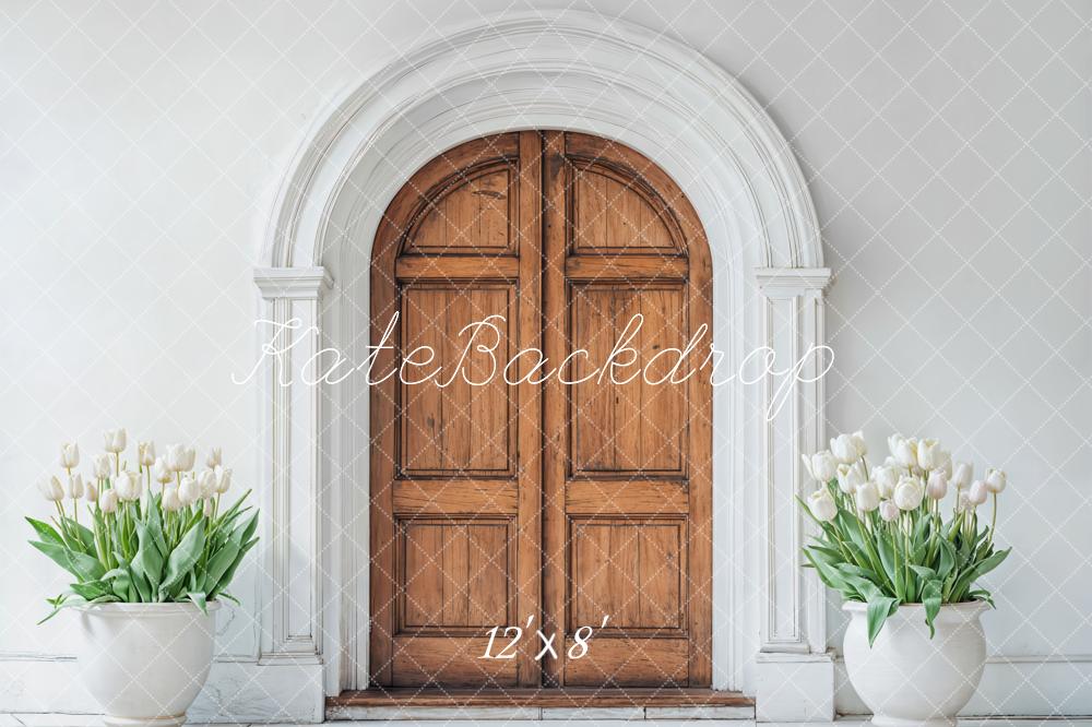 Kate Spring Wooden Arched Door Tulips Fleece Backdrop Designed by Emetselch - Image 4