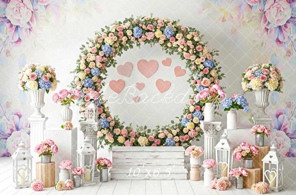 Kate Spring Wreath Pink Hearts Lanterns Fleece Backdrop Designed by Patty Robert - Image 2