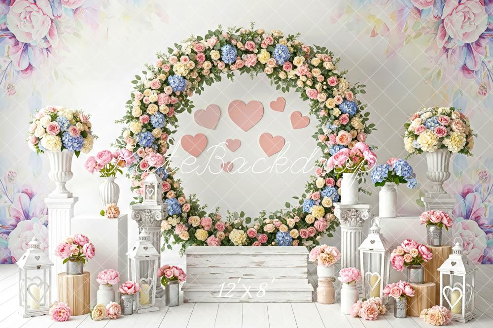 Kate Spring Wreath Pink Hearts Lanterns Fleece Backdrop Designed by Patty Robert - Image 4