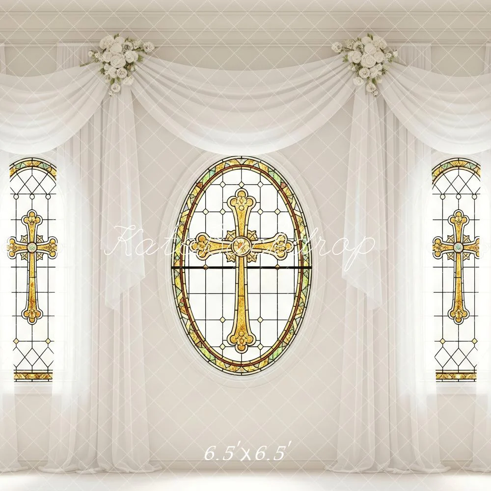 Kate Stained Glass Cross White Floral Drapes Backdrop Designed by Patty Robert - Image 2