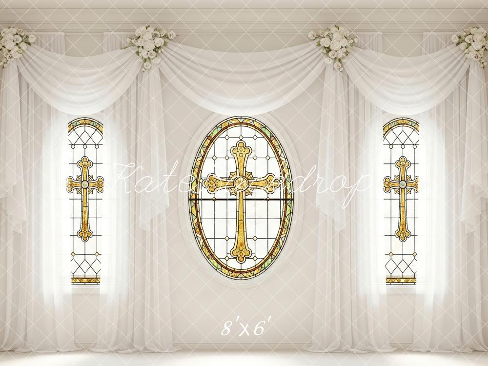 Kate Stained Glass Cross White Floral Drapes Backdrop Designed by Patty Robert - Image 3