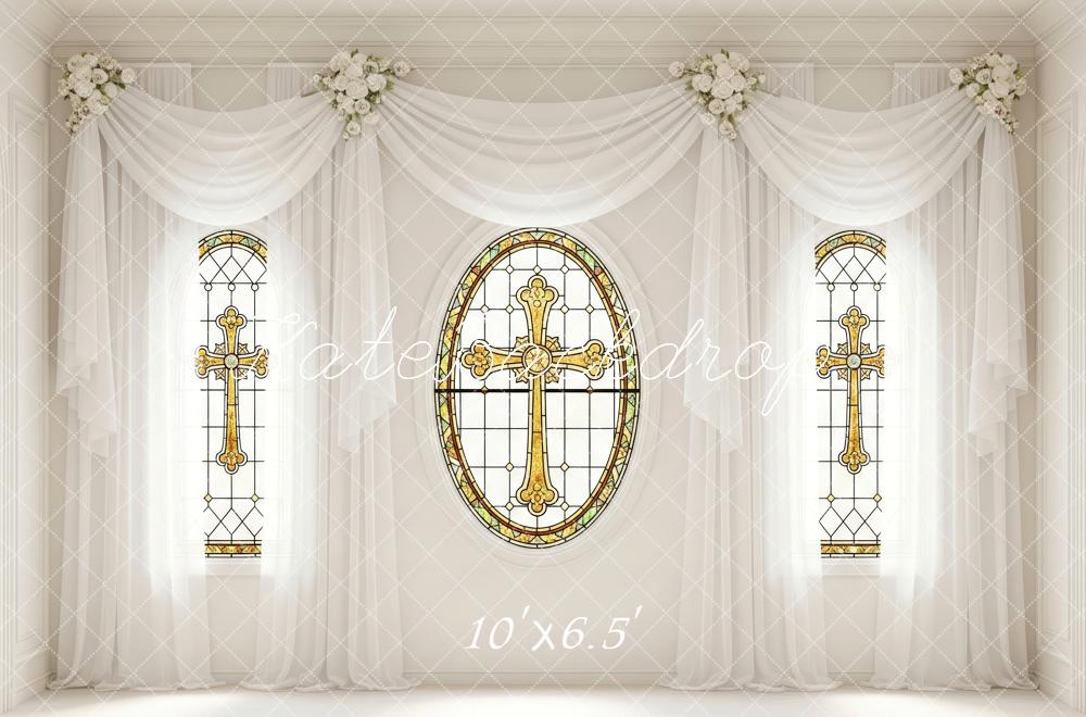 Kate Stained Glass Cross White Floral Drapes Backdrop Designed by Patty Robert - Image 4