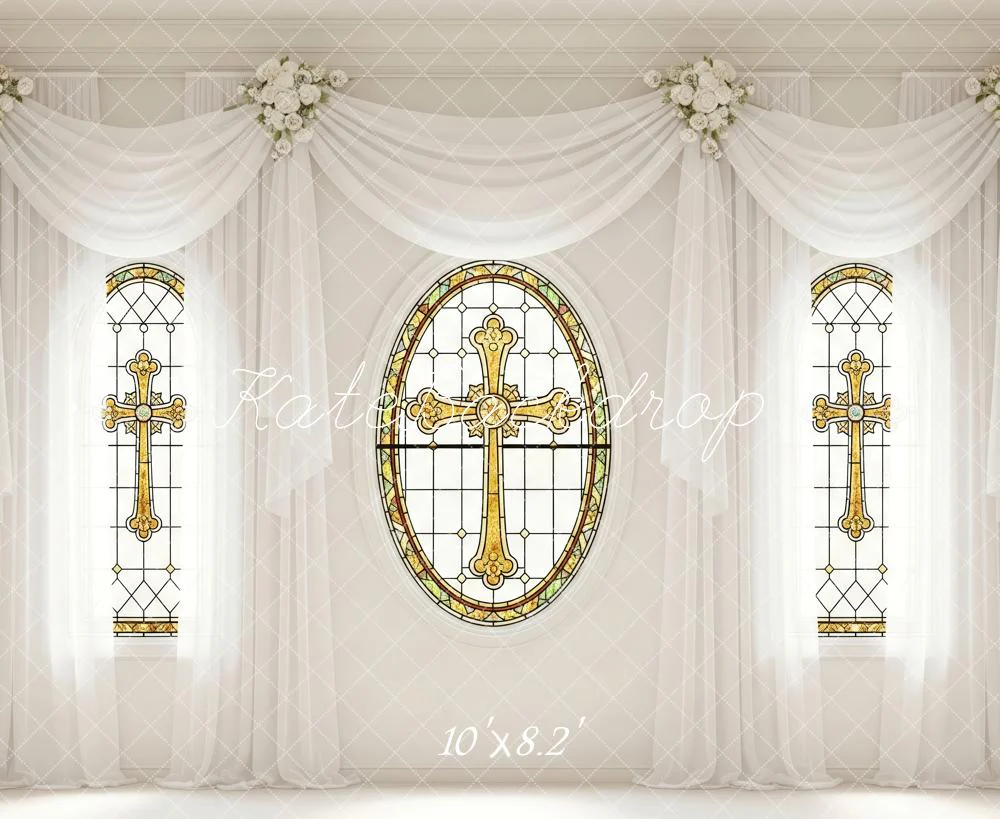 Kate Stained Glass Cross White Floral Drapes Backdrop Designed by Patty Robert - Image 6