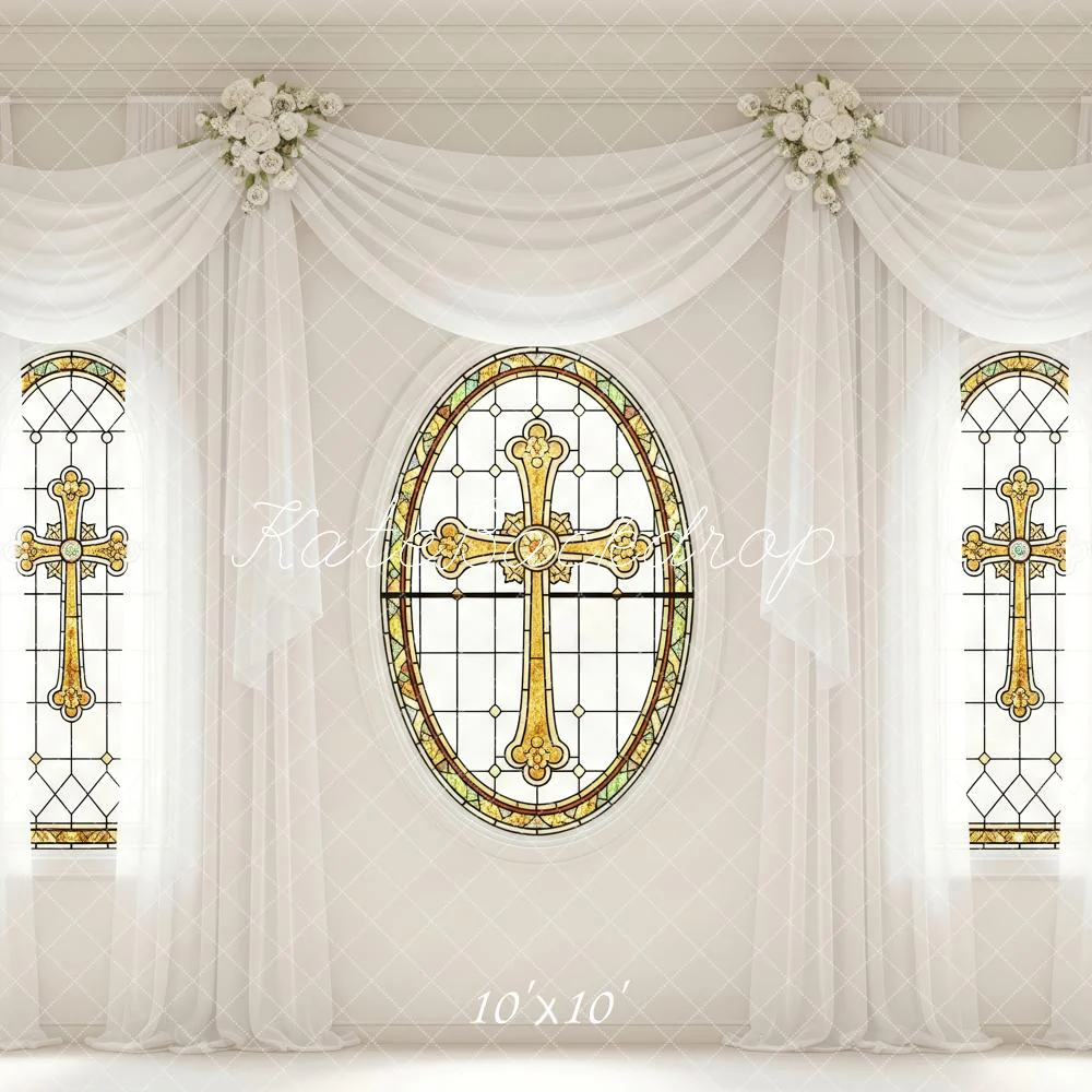 Kate Stained Glass Cross White Floral Drapes Backdrop Designed by Patty Robert - Image 7