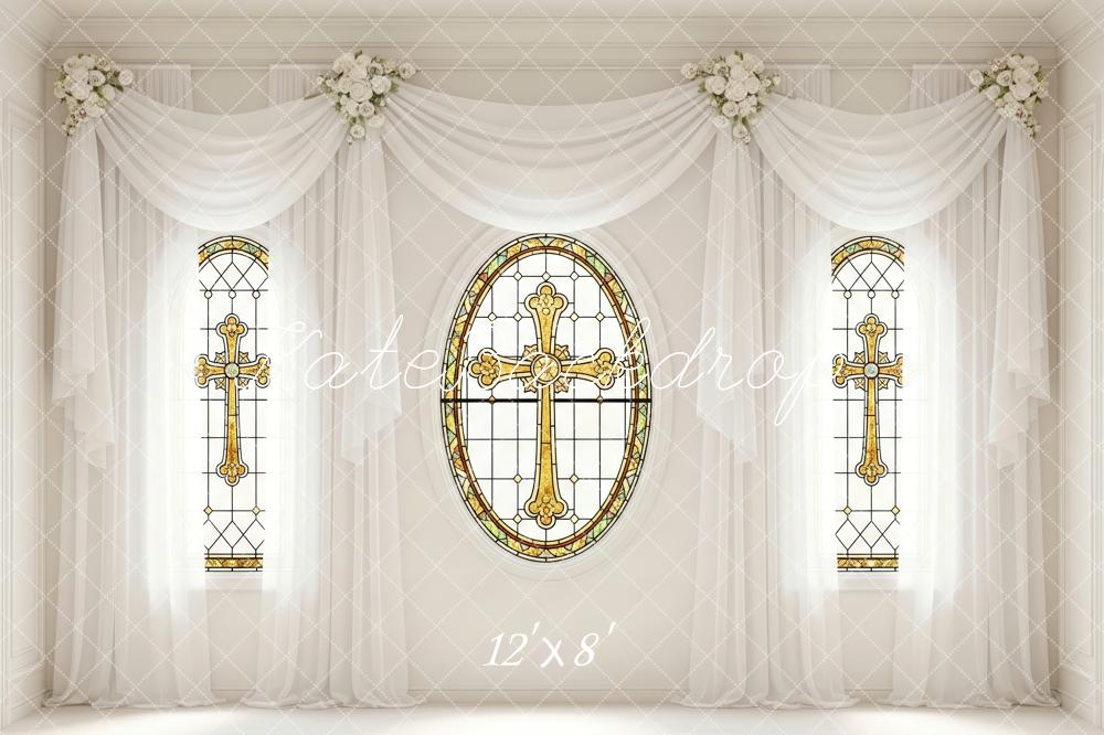 Kate Stained Glass Cross White Floral Drapes Backdrop Designed by Patty Robert - Image 8