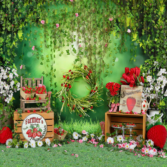 Kate Summer Strawberry White Flower Green Leaves Backdrop - Image 10