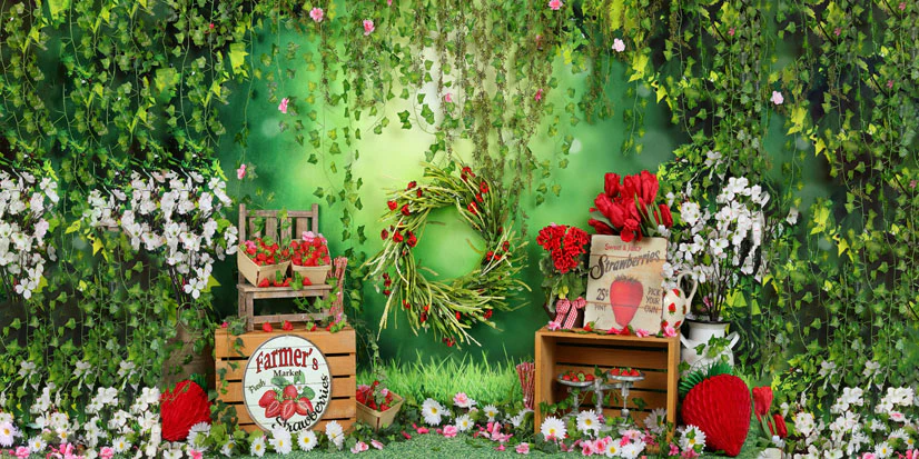Kate Summer Strawberry White Flower Green Leaves Backdrop - Image 11