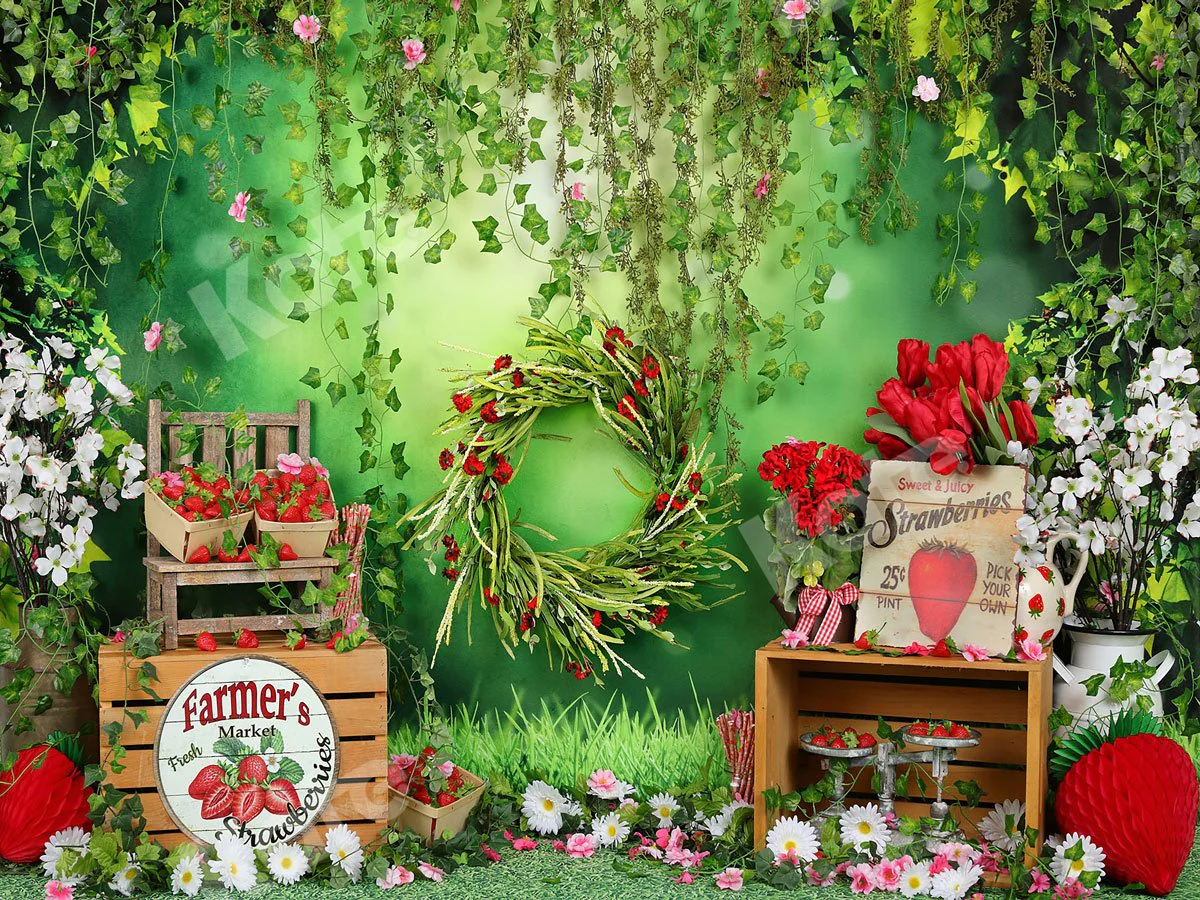 Kate Summer Strawberry White Flower Green Leaves Backdrop - Image 2