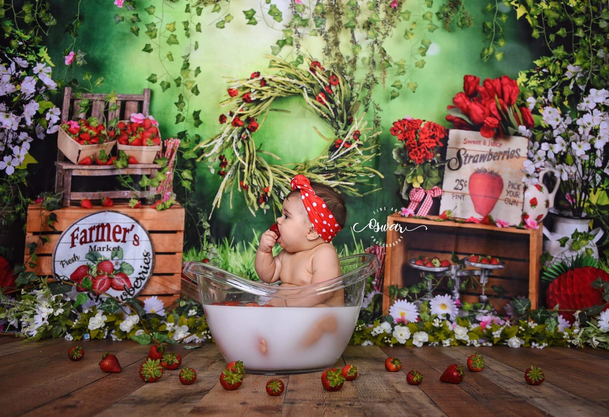 Kate Summer Strawberry White Flower Green Leaves Backdrop - Image 3