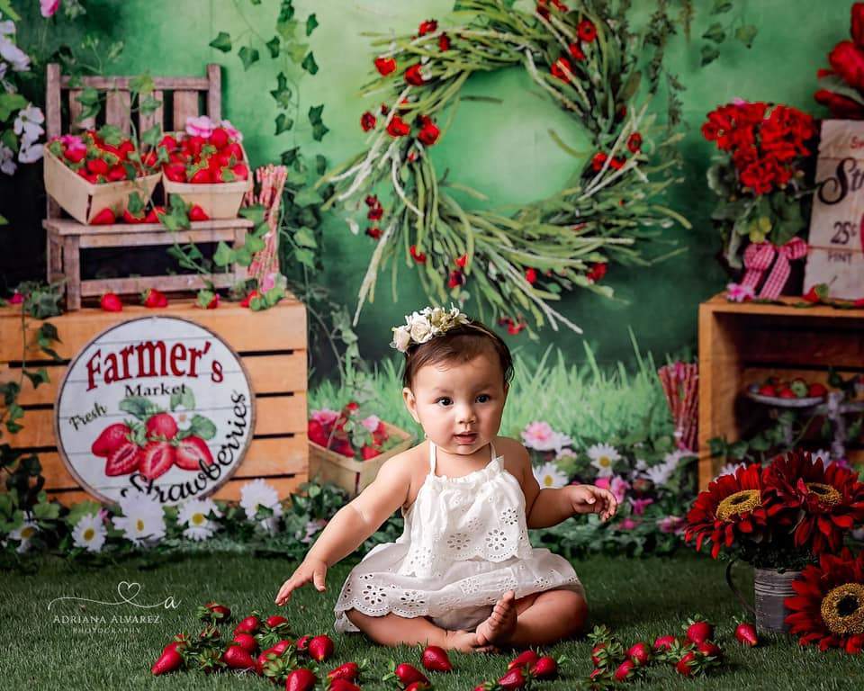 Kate Summer Strawberry White Flower Green Leaves Backdrop - Image 8