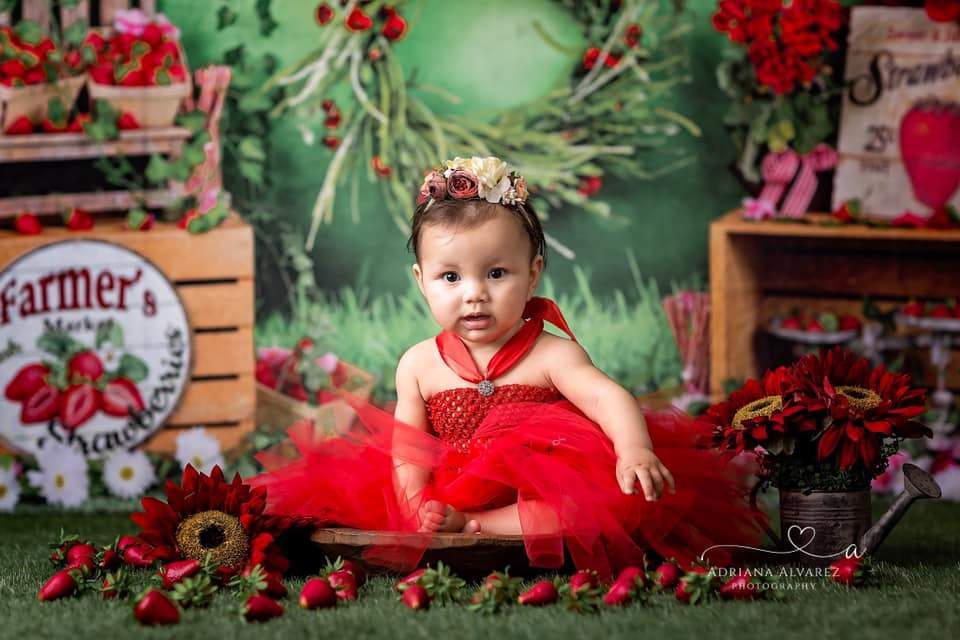 Kate Summer Strawberry White Flower Green Leaves Backdrop - Image 9