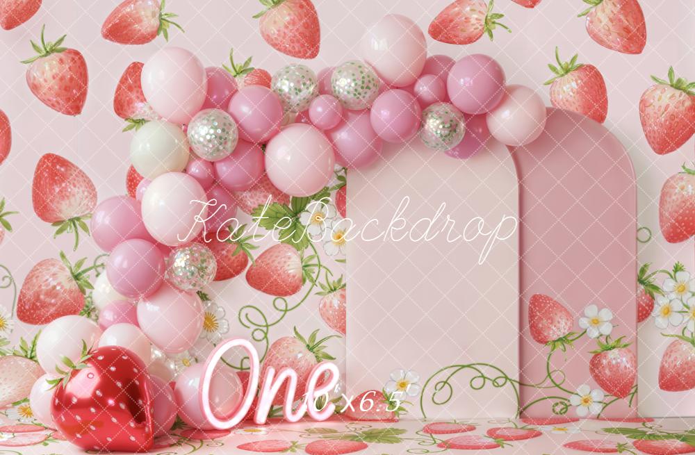 Kate 1st Birthday Strawberry Balloons Pink Fleece Backdrop Designed by Emstselch - Image 2