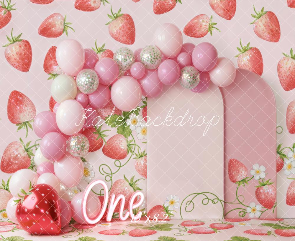 Kate 1st Birthday Strawberry Balloons Pink Fleece Backdrop Designed by Emstselch - Image 3
