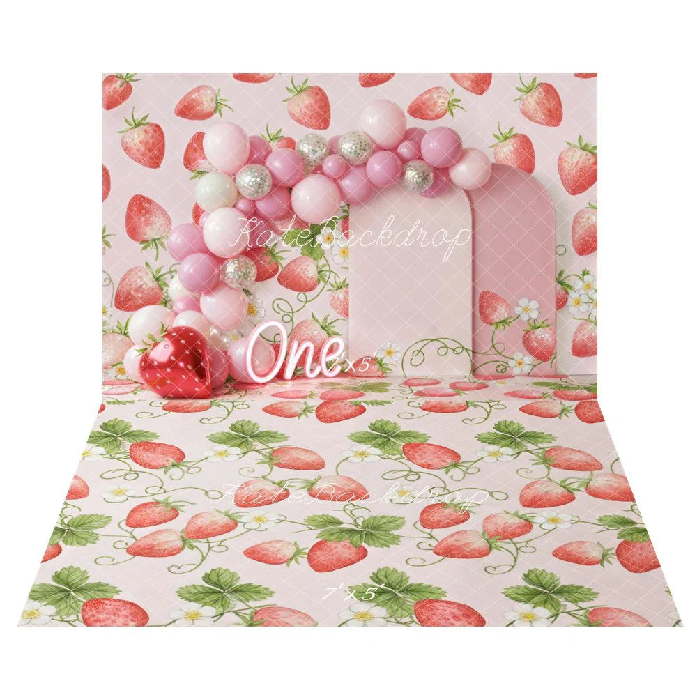 Kate Strawberry Balloons Pink Flowers Backdrop+Strawberry Vine Leaves Floral Backdrop - Image 2