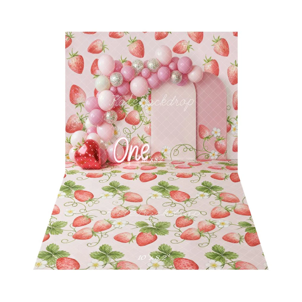 Kate Strawberry Balloons Pink Flowers Backdrop+Strawberry Vine Leaves Floral Backdrop - Image 3