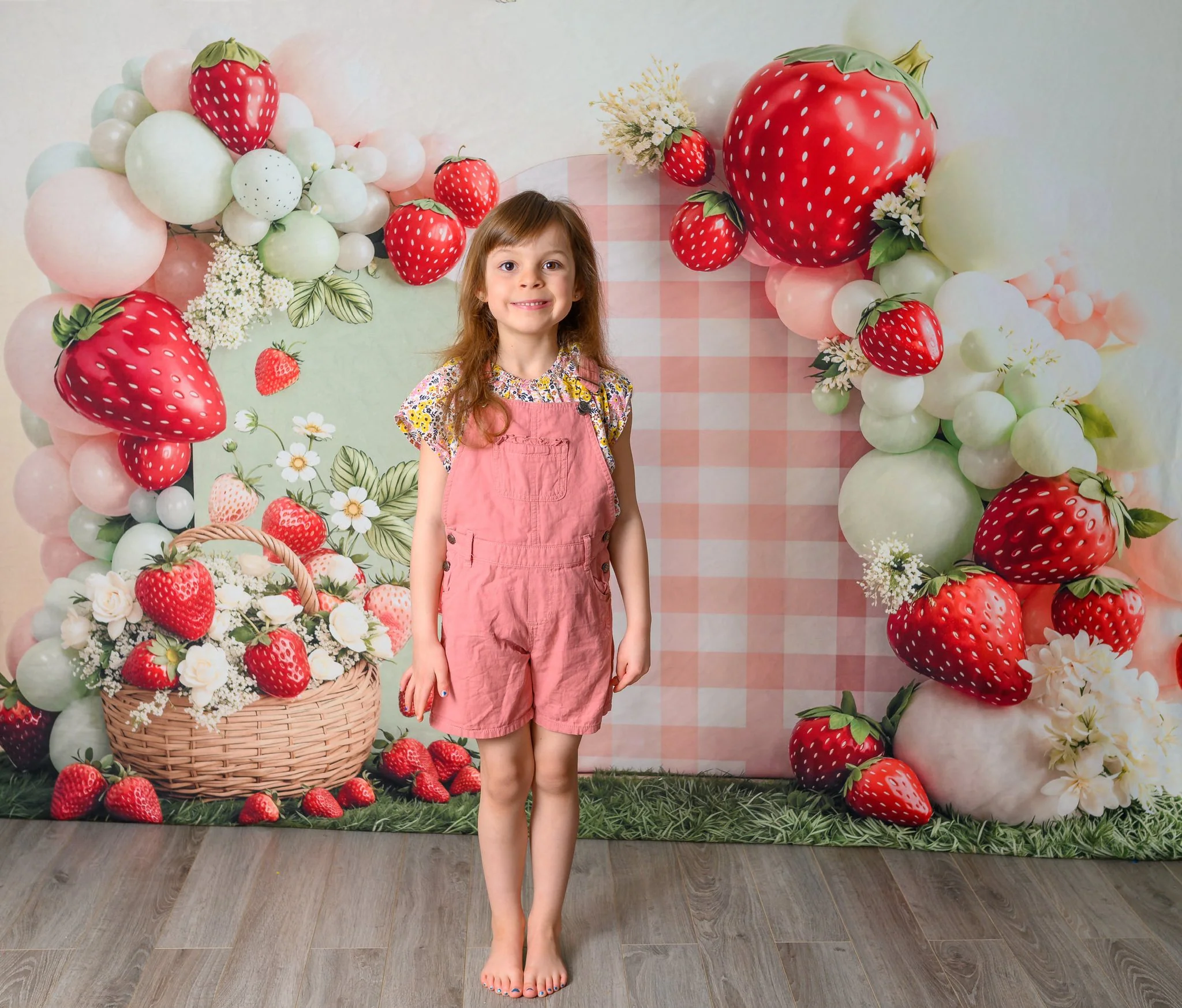 Kate Strawberry Basket Balloons Gingham Backdrop Designed by Emetselch - Image 3