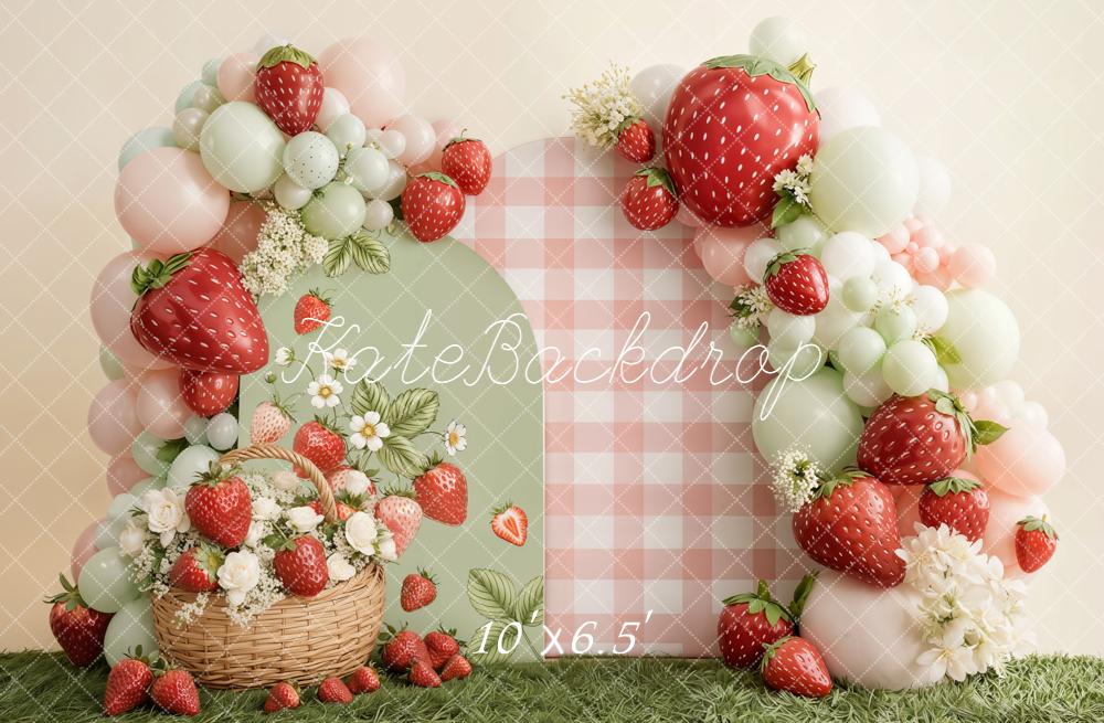 Kate Strawberry Basket Balloons Gingham Fleece Backdrop Designed by Emetselch - Image 2