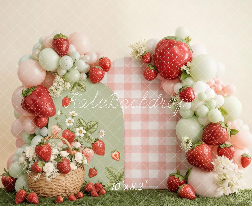 Kate Strawberry Basket Balloons Gingham Fleece Backdrop Designed by Emetselch - Image 3