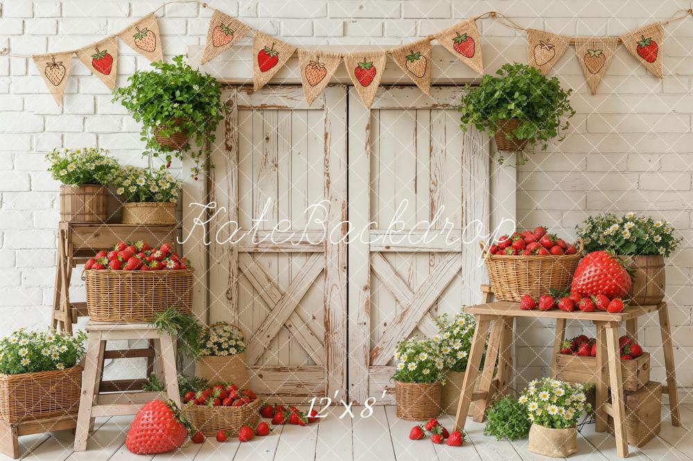 Kate Spring Strawberry Baskets Rustic Door Fleece Backdrop Designed by Emstselch - Image 4