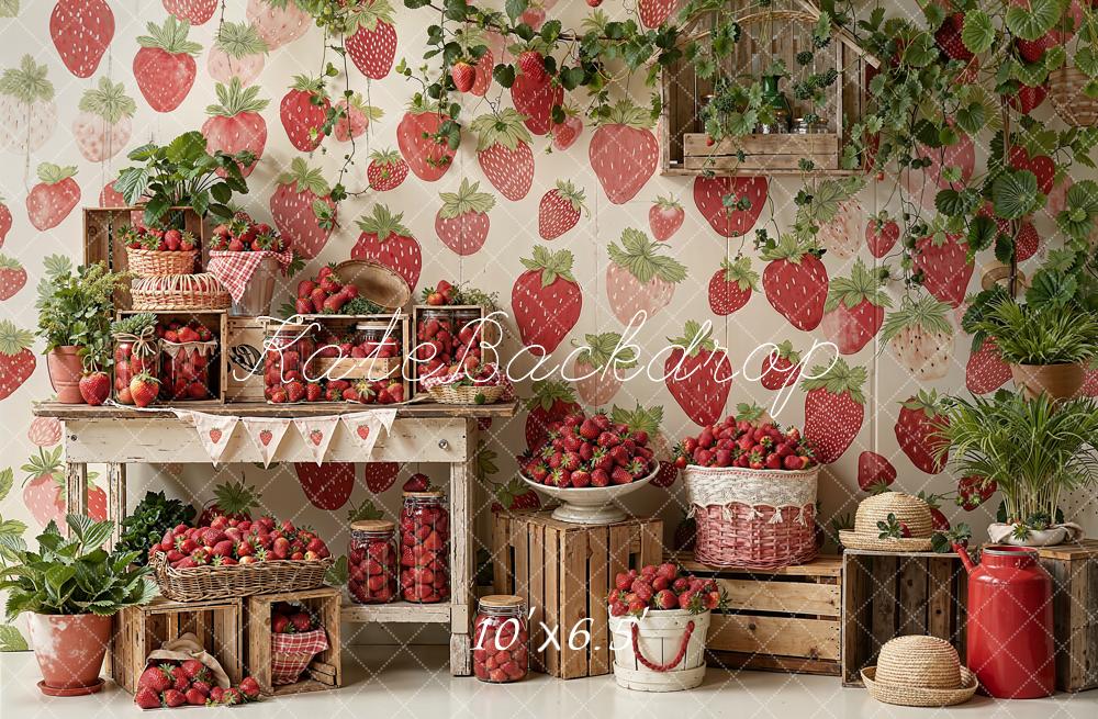 Kate Strawberry Pattern Rustic Table Fleece Backdrop Designed by Emetselch - Image 2