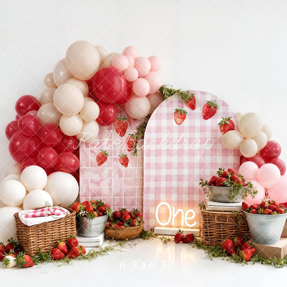 Kate Strawberry Picnic Balloons Pink Cake Smash Backdrop Designed by Emstselch - Image 2