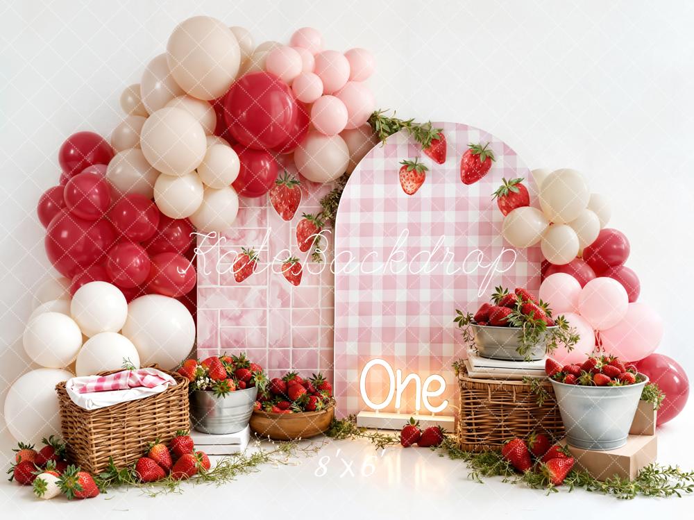 Kate Strawberry Picnic Balloons Pink Cake Smash Backdrop Designed by Emstselch - Image 3