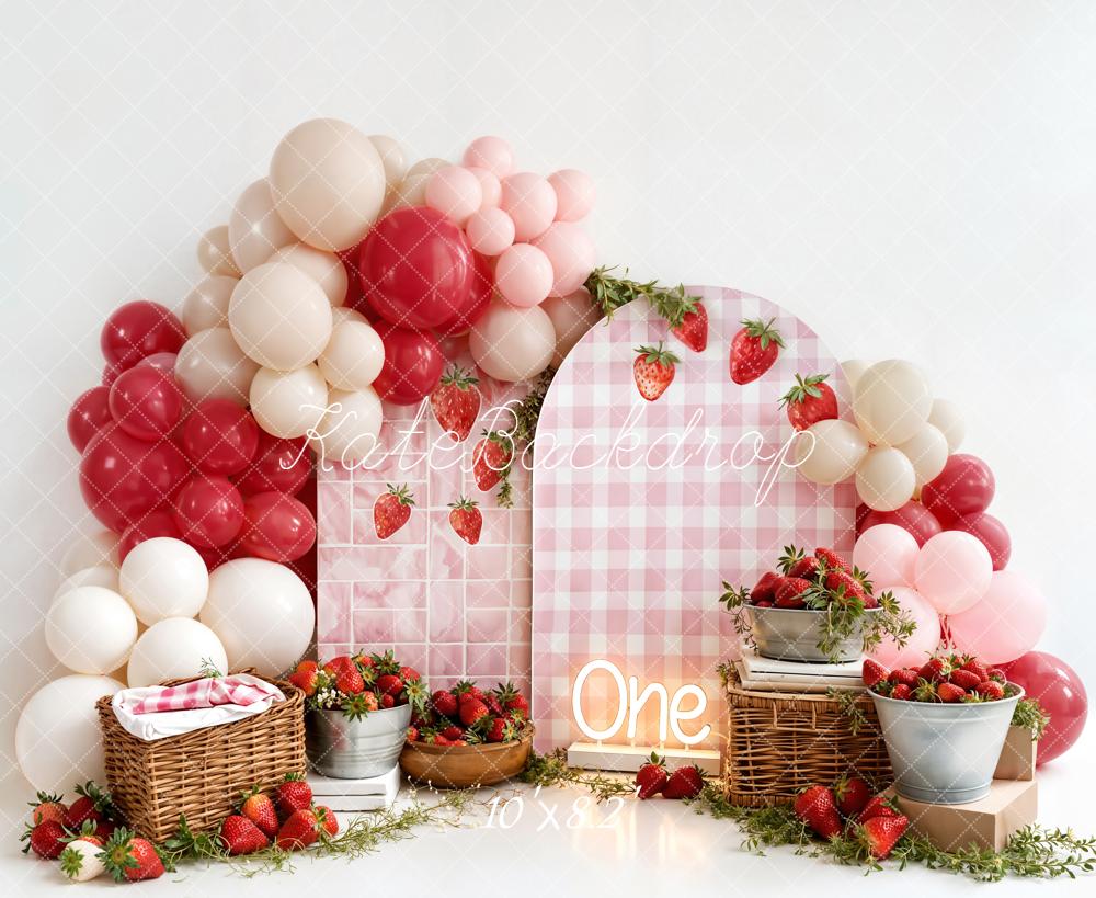 Kate Strawberry Picnic Balloons Pink Cake Smash Backdrop Designed by Emstselch - Image 6