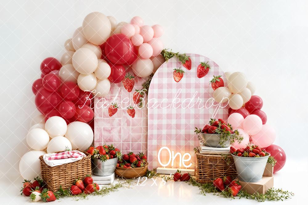Kate Strawberry Picnic Balloons Pink Cake Smash Backdrop Designed by Emstselch - Image 8