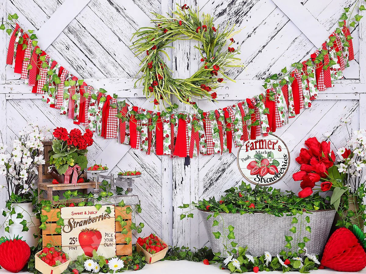 Kate Summer Strawberry White Wooden Board Birthday Backdrop - Image 2