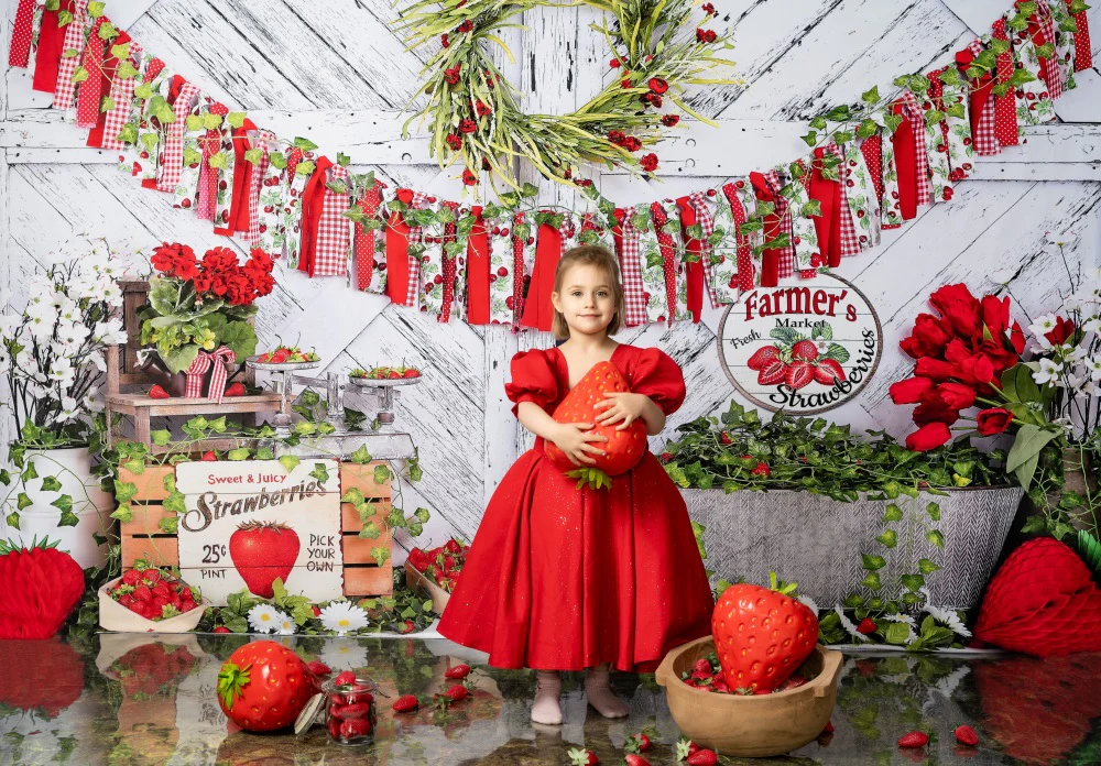 Kate Summer Strawberry White Wooden Board Birthday Backdrop - Image 3
