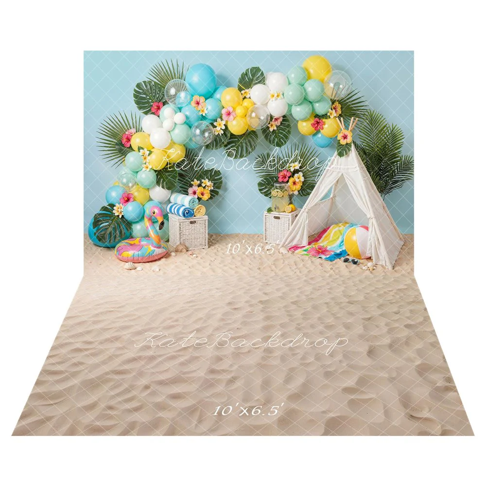 Kate Summer Balloons Palm Leaves Flamingo Tent Backdrop+Sand Texture Backdrop - Image 2