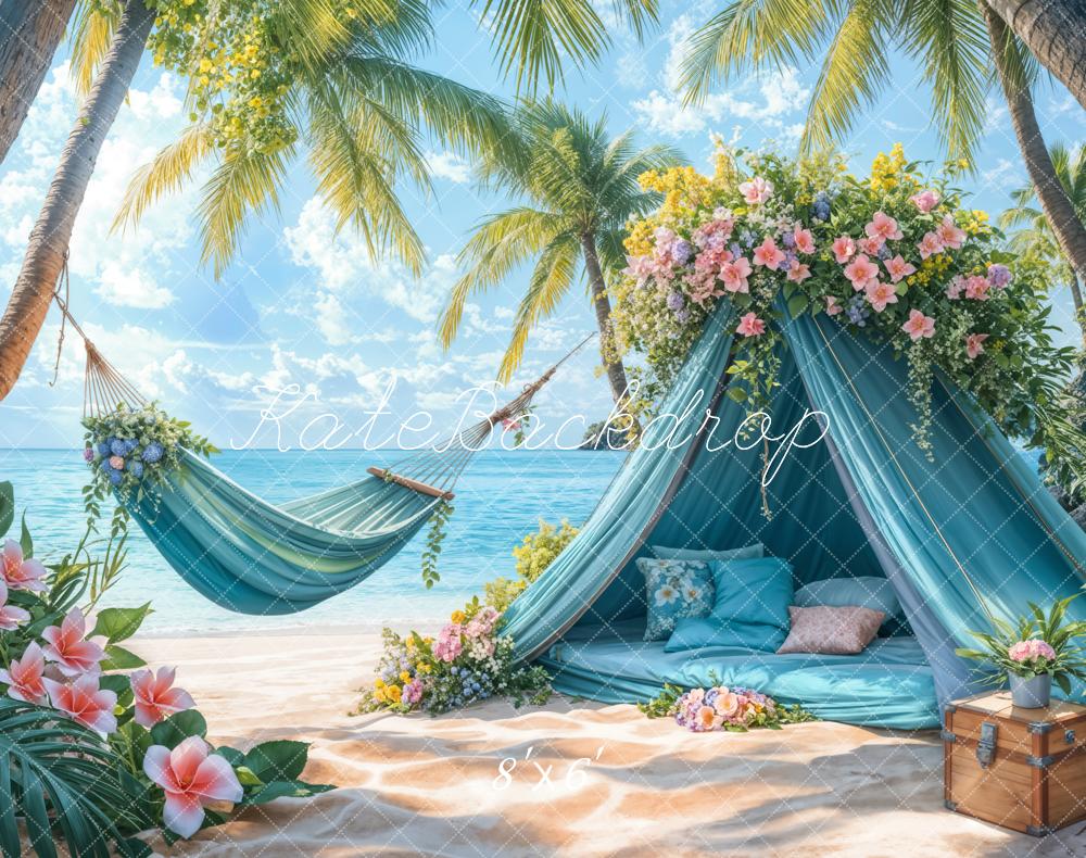 Kate Summer Beach Blue Tent Hammock Fleece Backdrop Designed by Emetselch - Image 2