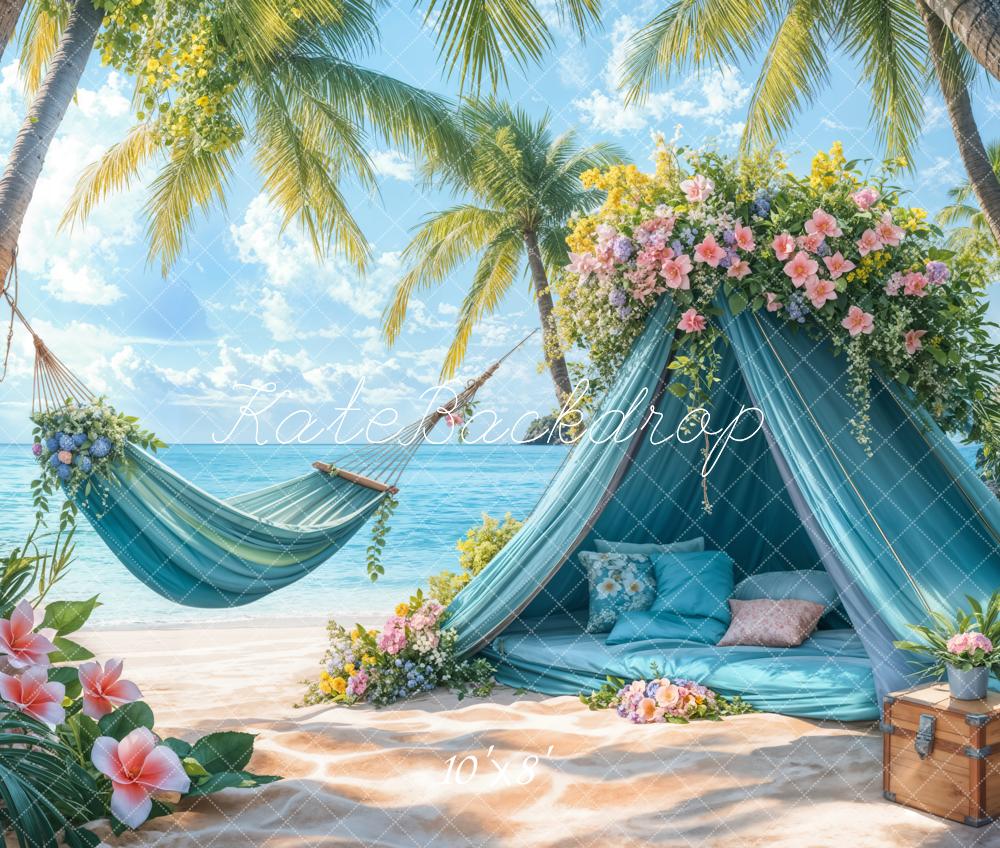 Kate Summer Beach Blue Tent Hammock Fleece Backdrop Designed by Emetselch - Image 3