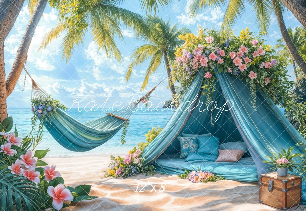 Kate Summer Beach Blue Tent Hammock Fleece Backdrop Designed by Emetselch - Image 4