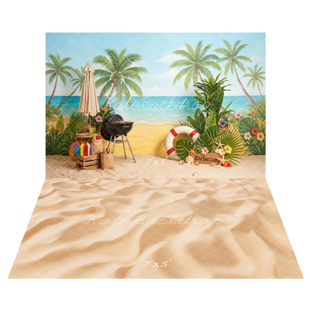 Kate Summer Beach Palm Trees Barbecue Umbrella Backdrop+Sand Floor Backdrop - Image 2
