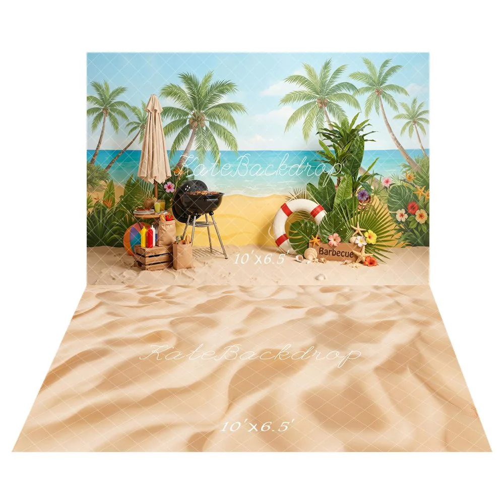 Kate Summer Beach Palm Trees Barbecue Umbrella Backdrop+Sand Floor Backdrop - Image 6