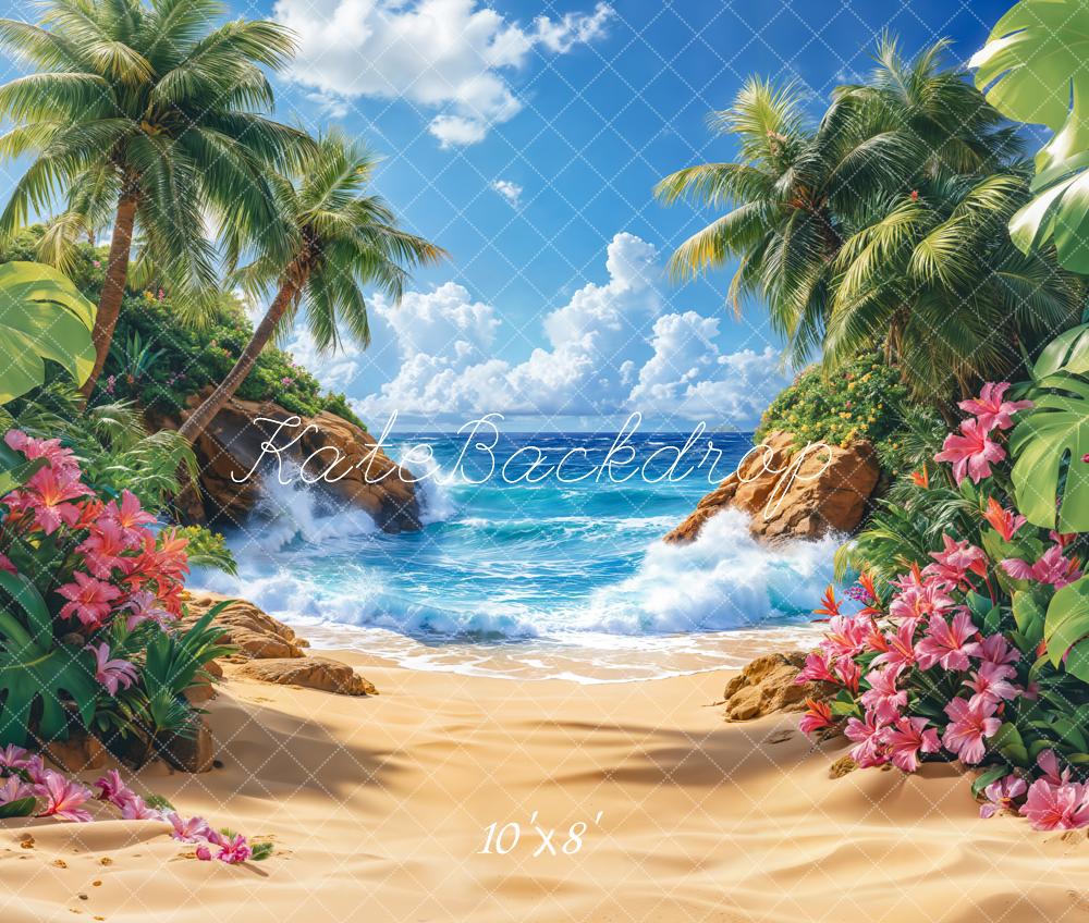 Kate Summer Beach Tropical Paradise Trees Fleece Backdrop Designed by Emetselch - Image 3
