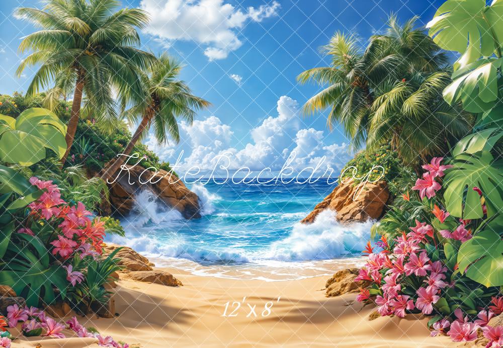 Kate Summer Beach Tropical Paradise Trees Fleece Backdrop Designed by Emetselch - Image 4
