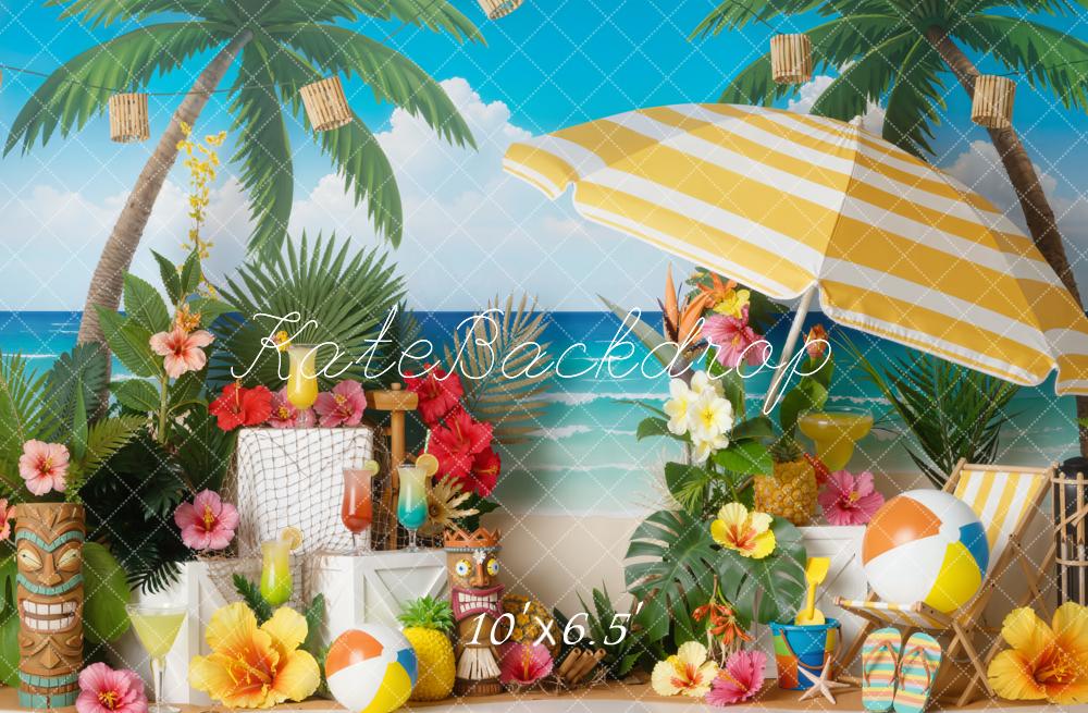 Kate Summer Beach Umbrella Palm Trees Tropical Fleece Backdrop Designed by Emetselch - Image 2