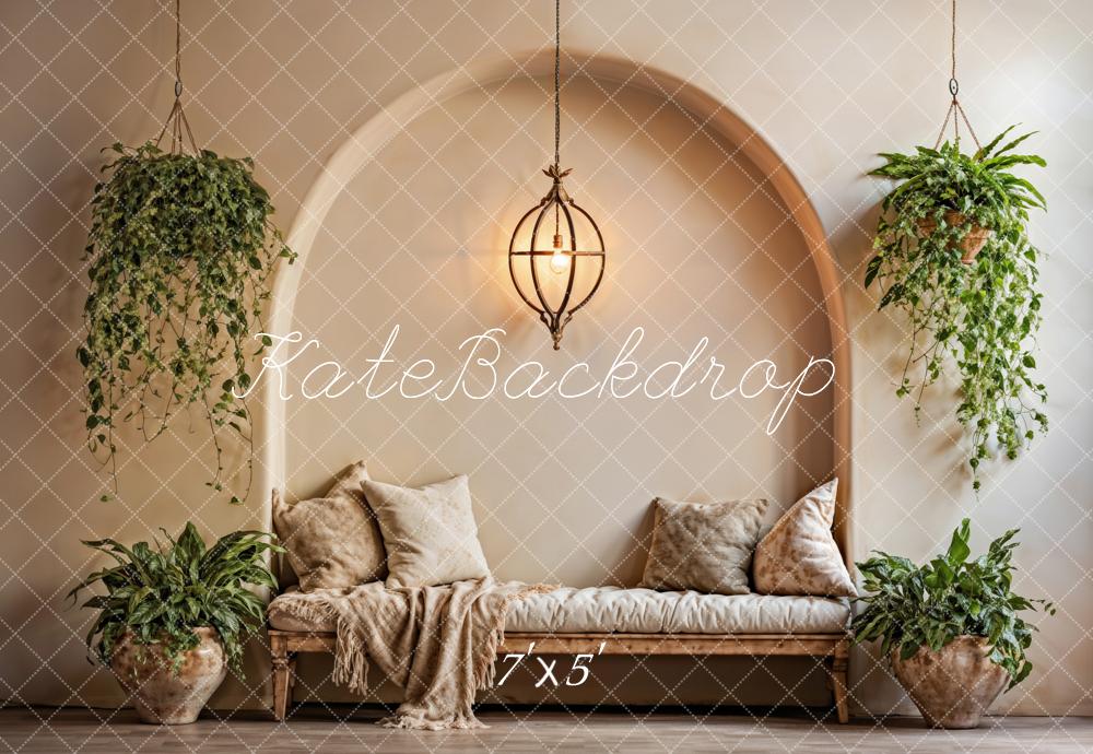 Kate Summer Boho Plant Beige Pillow Arched Wall Backdrop Designed by Emetselch - Image 2