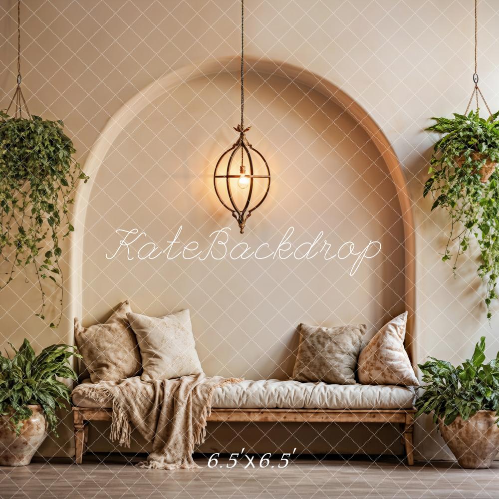 Kate Summer Boho Plant Beige Pillow Arched Wall Backdrop Designed by Emetselch - Image 4