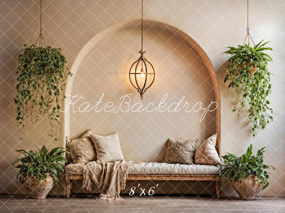 Kate Summer Boho Plant Beige Pillow Arched Wall Backdrop Designed by Emetselch - Image 6