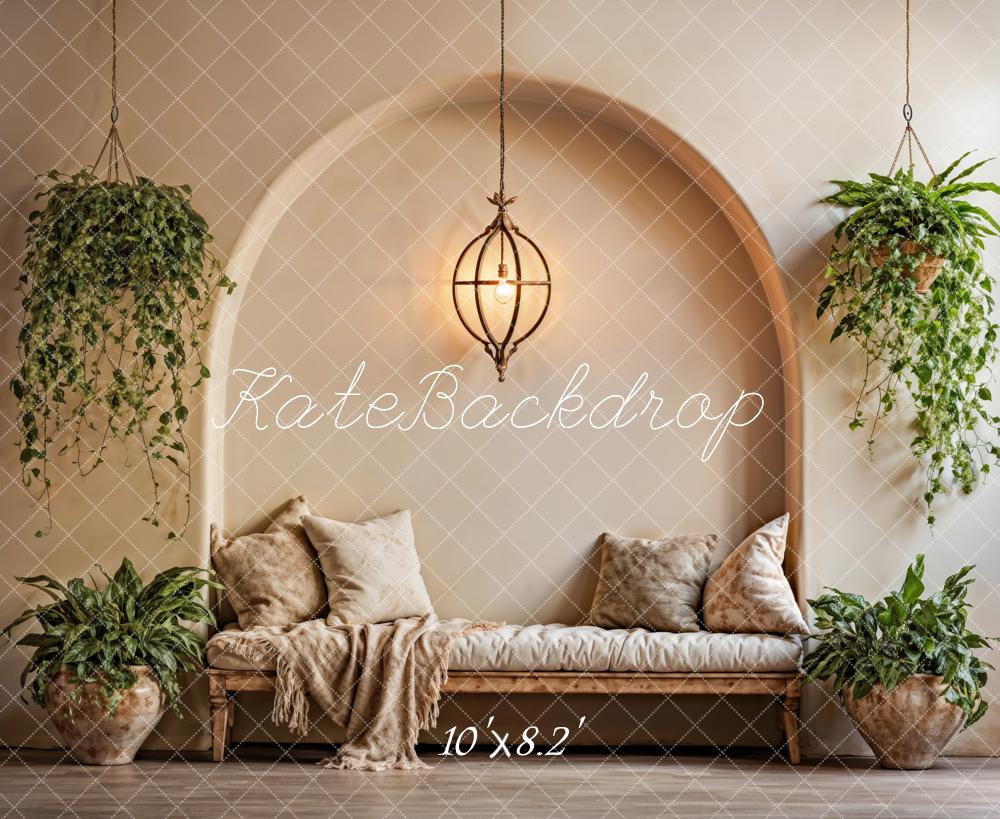 Kate Summer Boho Plant Beige Pillow Arched Wall Backdrop Designed by Emetselch - Image 7