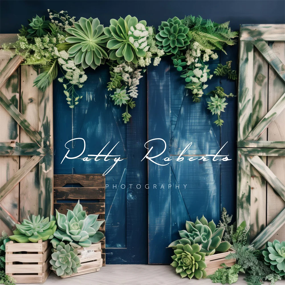Kate Summer Green Plant Wooden Barn Door Backdrop Designed by Patty Robert - Image 2