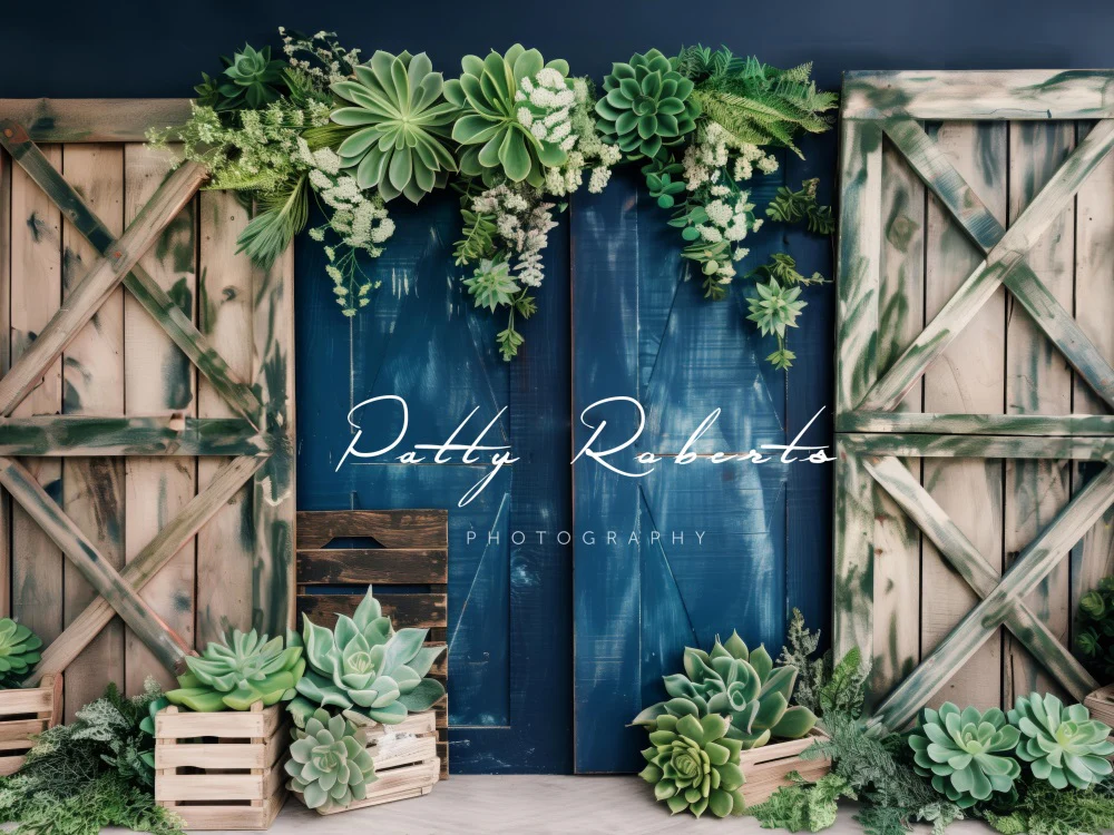Kate Summer Green Plant Wooden Barn Door Backdrop Designed by Patty Robert - Image 3