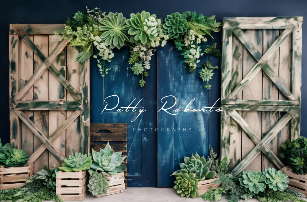 Kate Summer Green Plant Wooden Barn Door Backdrop Designed by Patty Robert - Image 4