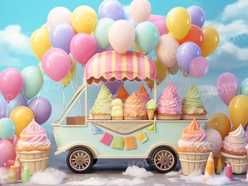 Kate Summer Sweet Ice Cream Car Cake Smash Balloon Sky Fleece Backdrop Designed by Chain Photography - Image 6