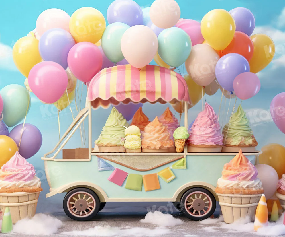 Kate Summer Sweet Ice Cream Car Cake Smash Balloon Sky Fleece Backdrop Designed by Chain Photography - Image 7